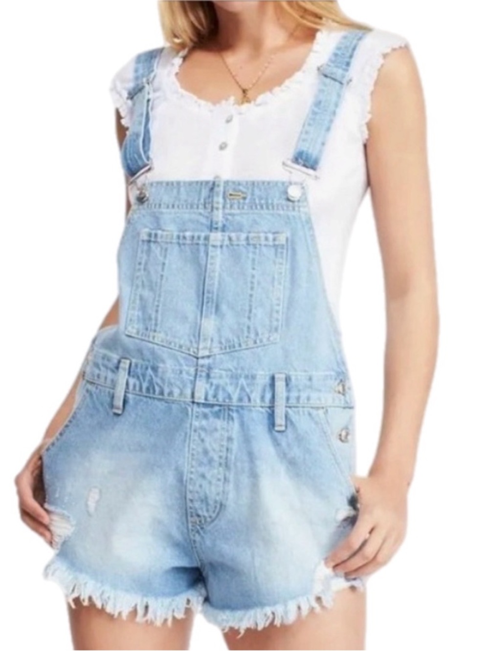 FP We The Free Denim Short Overalls for Women - Casual Bib Jumpsuit Moonbeam